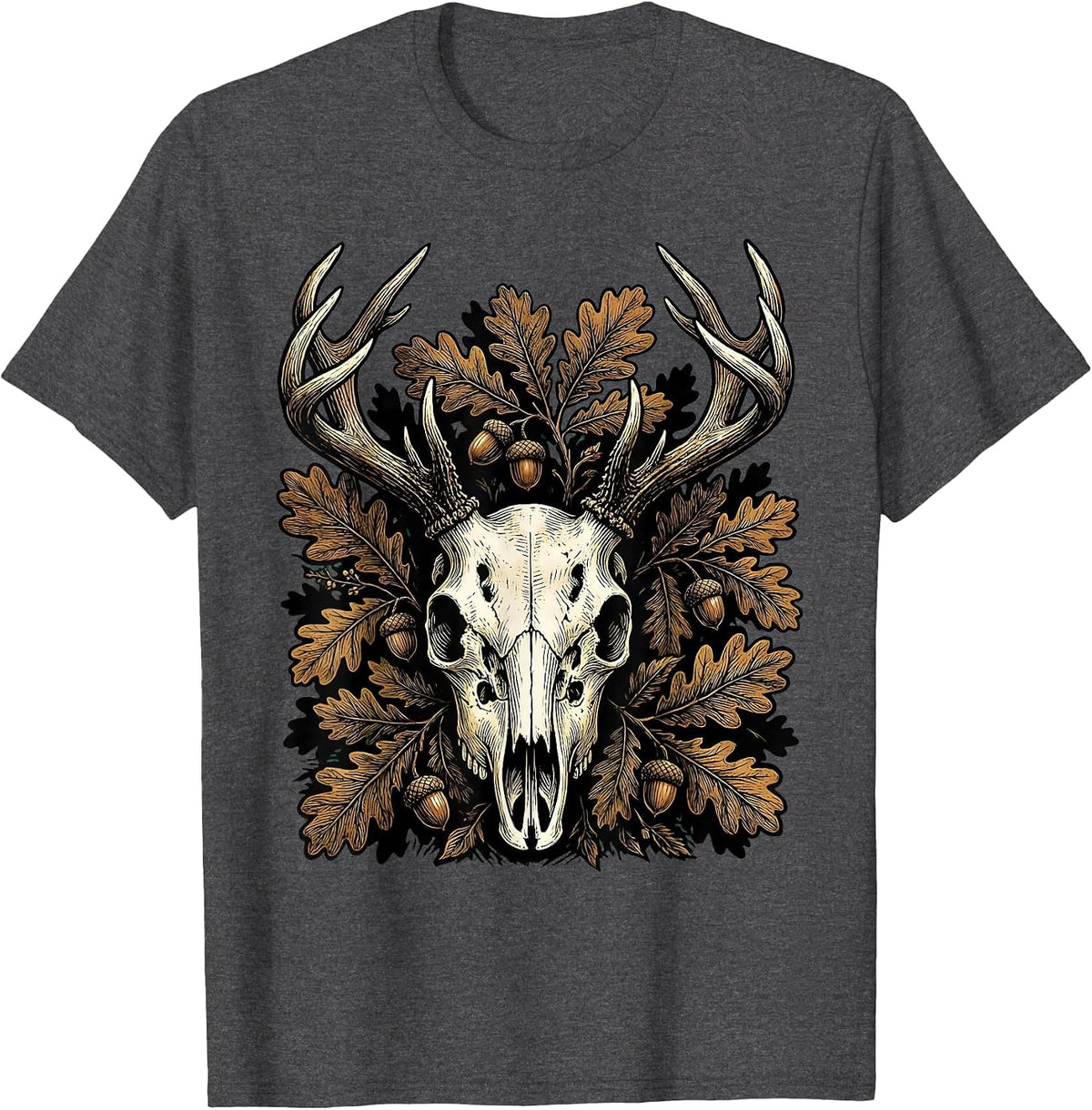 Camo Deer Skull Antlers Foliage Graphic Design T-Shirt - Dark Heather Grey