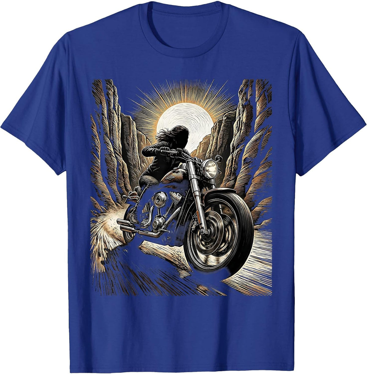 Motorcycle Canyon Sunset Rider Graphic Tee T-Shirt - Royal Blue