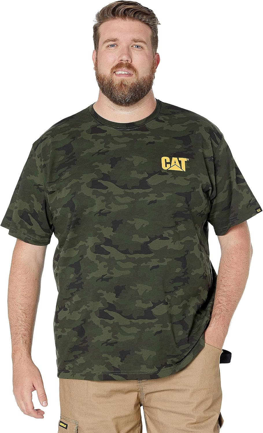 CAT Men's Trademark T-Shirts with Shape-Retention Rib Trim Spandex, Tagless Neck, and Cat Logo on Left Chest - Night Camo