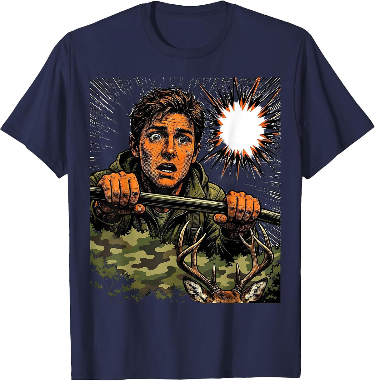 Startled Hunter Youth Humor Deer Hunting Camo T-Shirt - Navy Blue