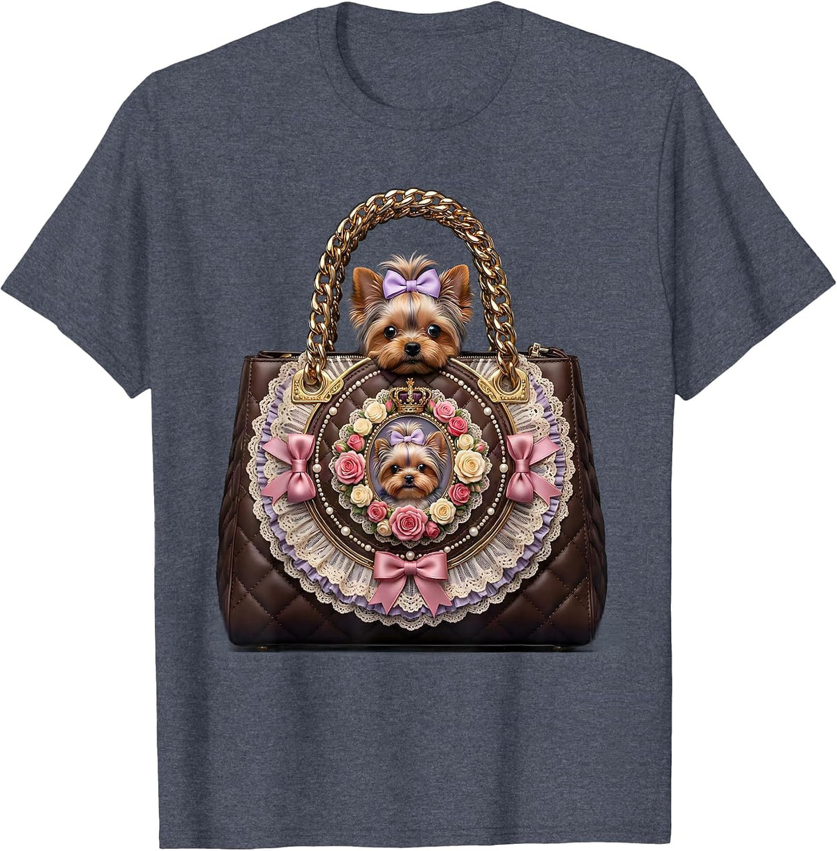 Tiny Dog in Oversized Designer Purse Graphic T-Shirt - Heather Blue