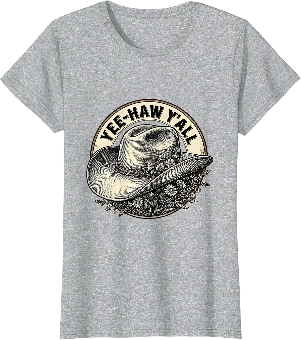 Yee-Haw Y'all Cowboy Western Graphic Design T-Shirt - Heather Grey