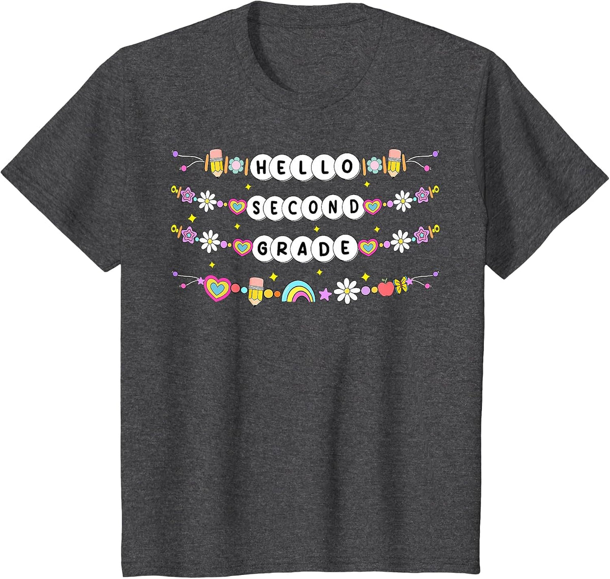 Hello Second Grade Friendship Bracelets Back to School Kids T-Shirt - Dark Heather Grey