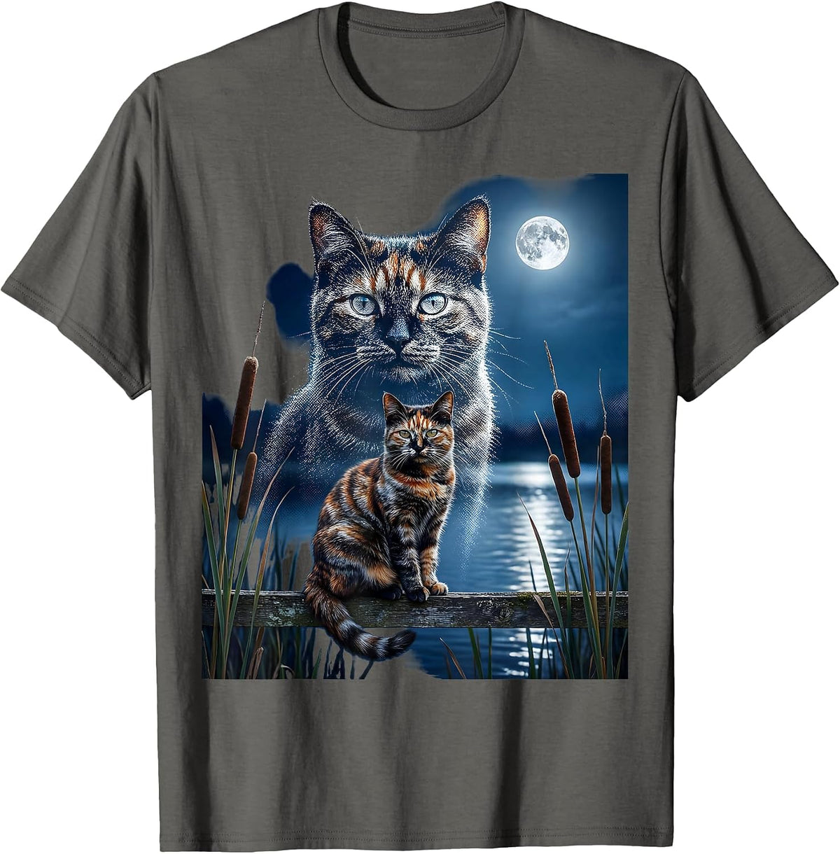 Men's Tortoiseshell Cat Moonlit 90s Retro Portrait T-Shirt - Asphalt Grey
