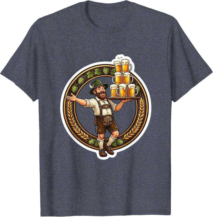 Oktoberfest Beer Stein Stack Carrying Tray Graphic T-Shirt - Heather Blue