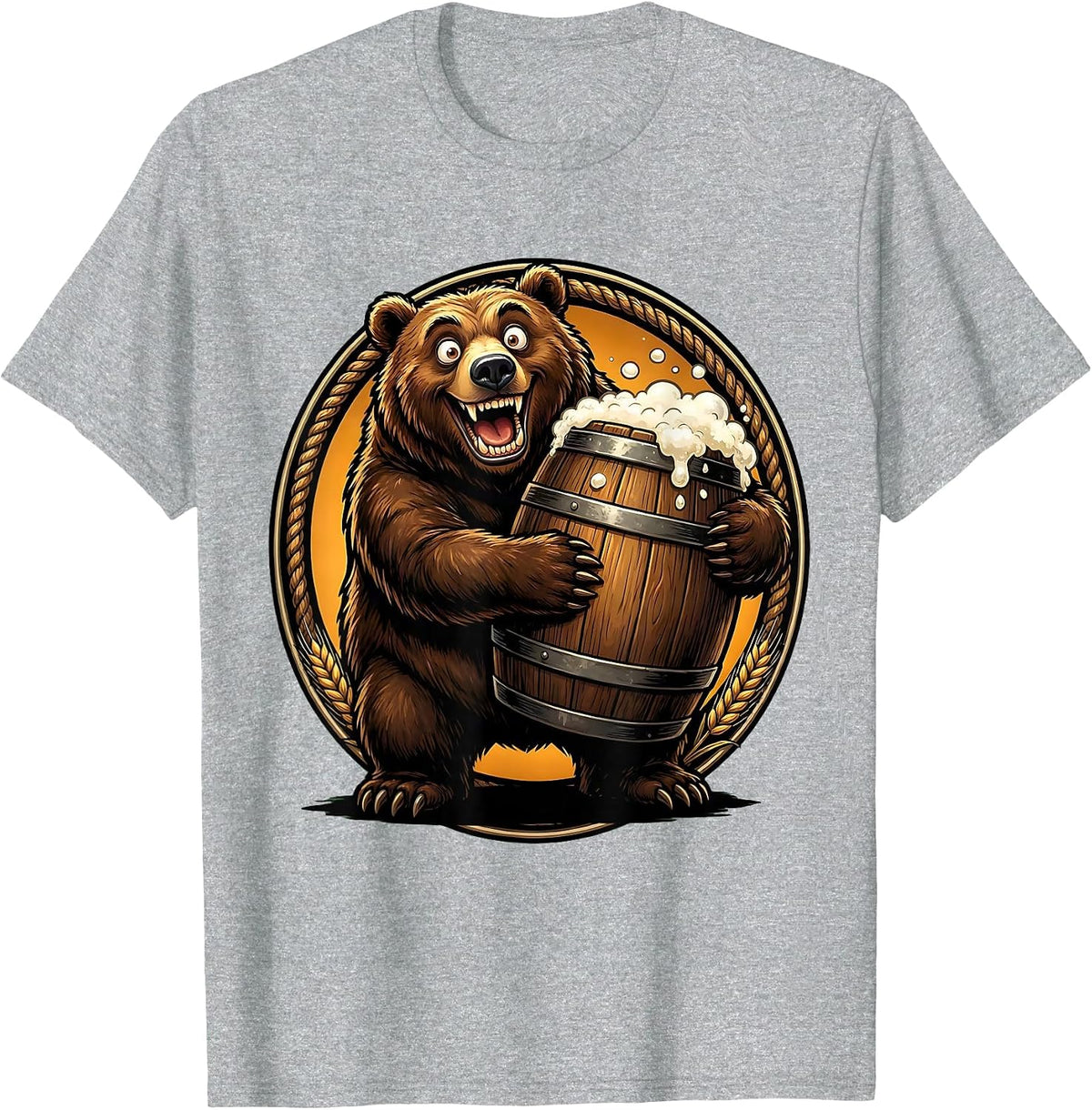 Men's Bear Hugging Giant Ale Barrel Drinking Design T-Shirt - Heather Grey