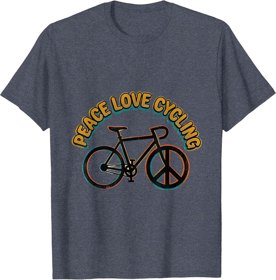Peace Love Cycling Retro Hippie Peace Sign Nostalgia T-Shirt - Heather Blue