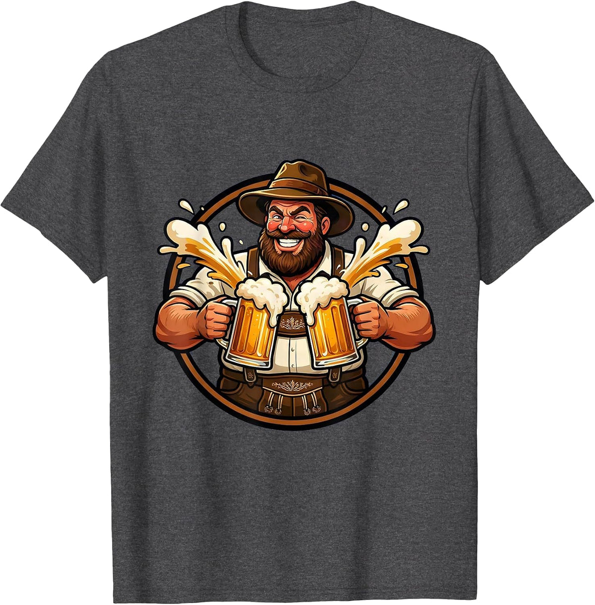 Men's Oktoberfest Bearded Lederhosen Beer Stein Clinking T-Shirt - Dark Heather Grey