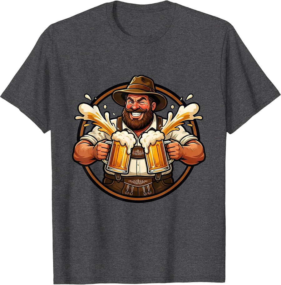 Men's Oktoberfest Bearded Lederhosen Beer Stein Clinking T-Shirt - Dark Heather Grey