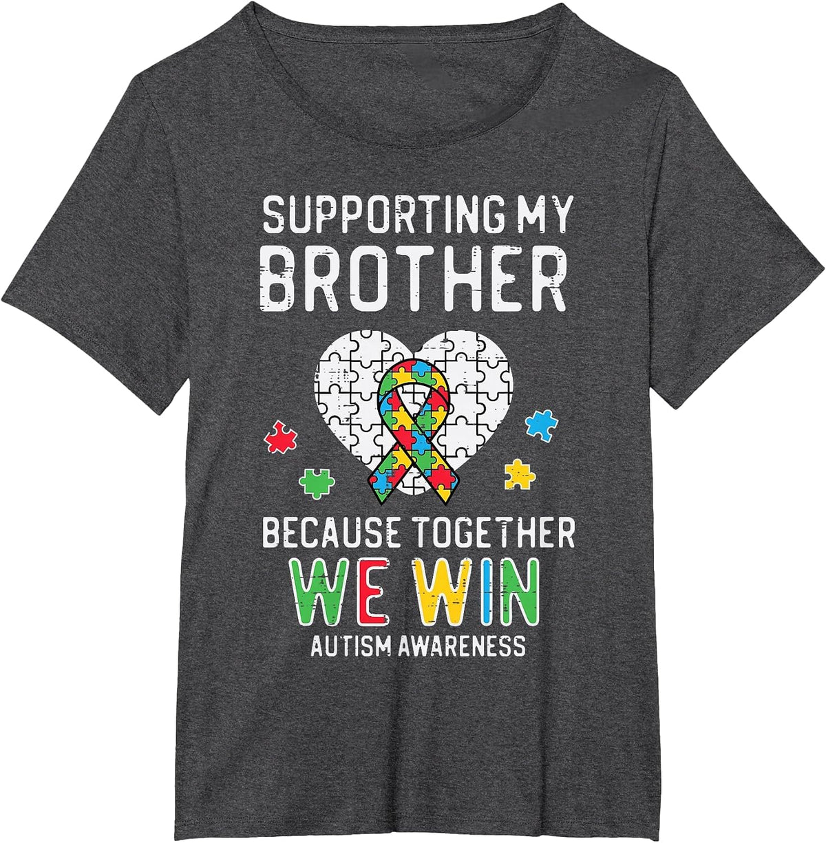 Supporting My Brother Together We Win Autism Aware Puzzle T-Shirt - Dark Heather Grey