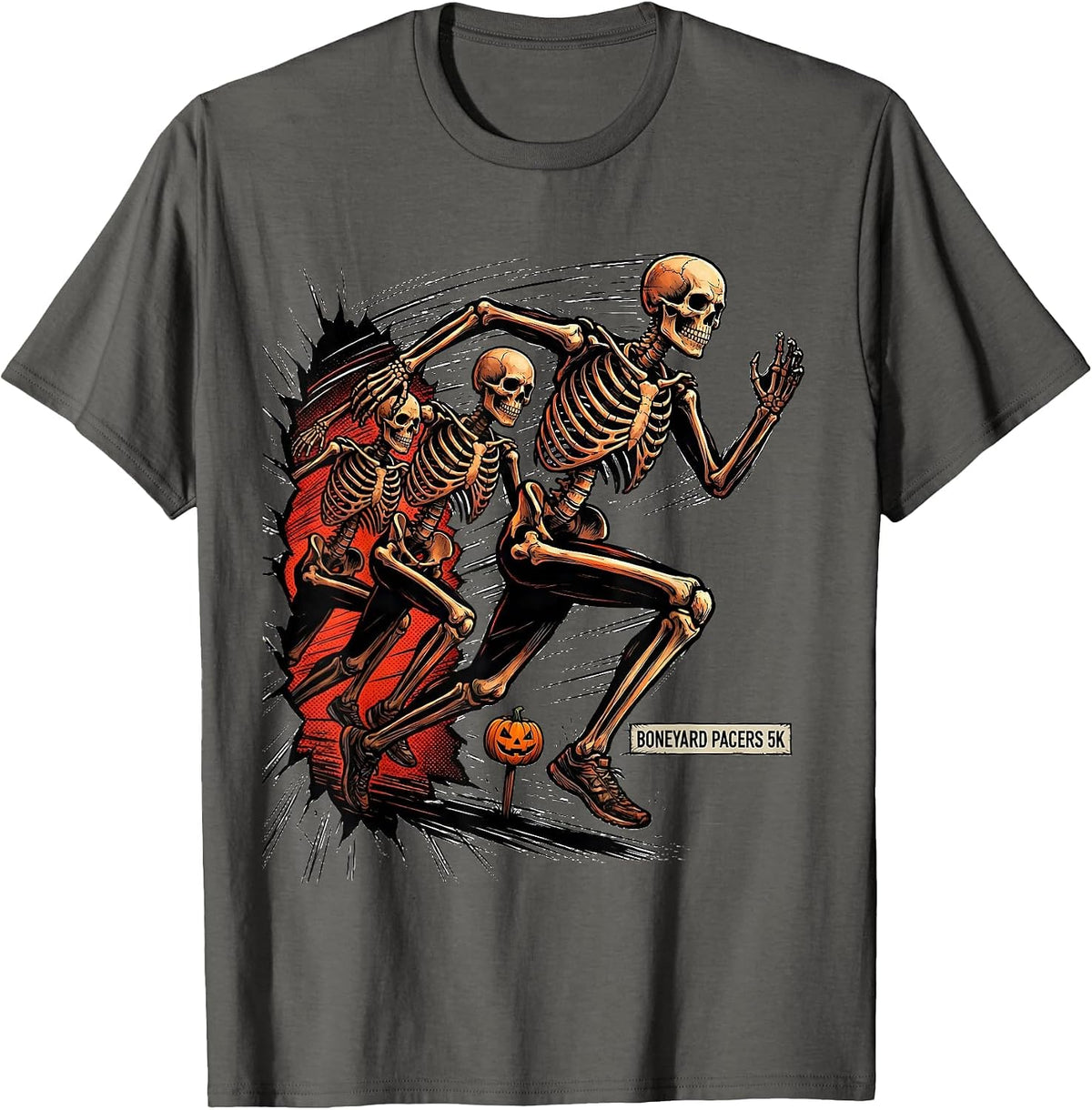 Men's Boneyard Pacers 5K Comic Book Skeleton Runner Halloween Fun T-Shirt - Asphalt Grey