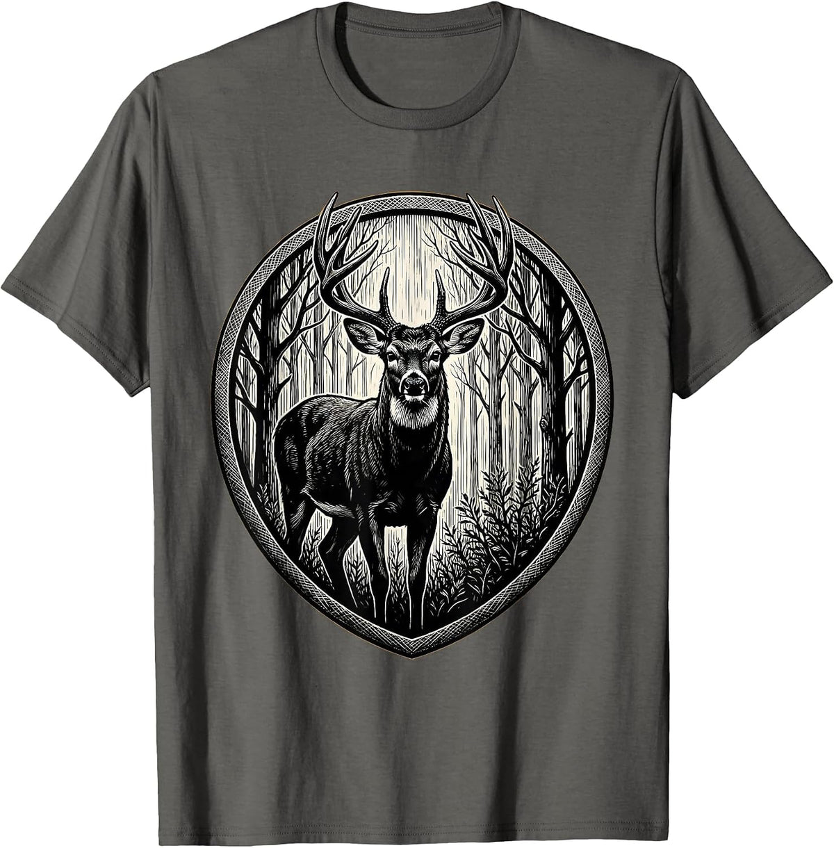 Whitetail Buck Autumn Tree Line Illustration T-Shirt - Asphalt Grey