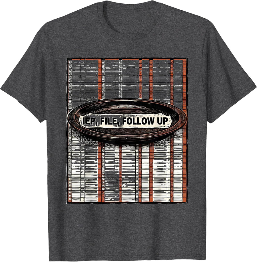 Men's IEP File Follow Up Linocut Special Education Teacher Humor T-Shirt - Dark Heather Grey