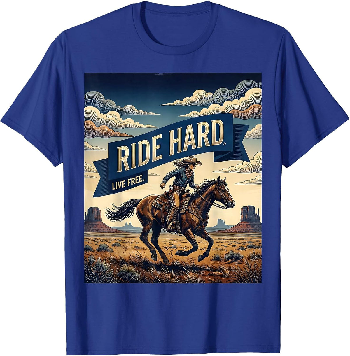Ride Hard Live Free Cowgirl Design T-Shirt - Royal Blue