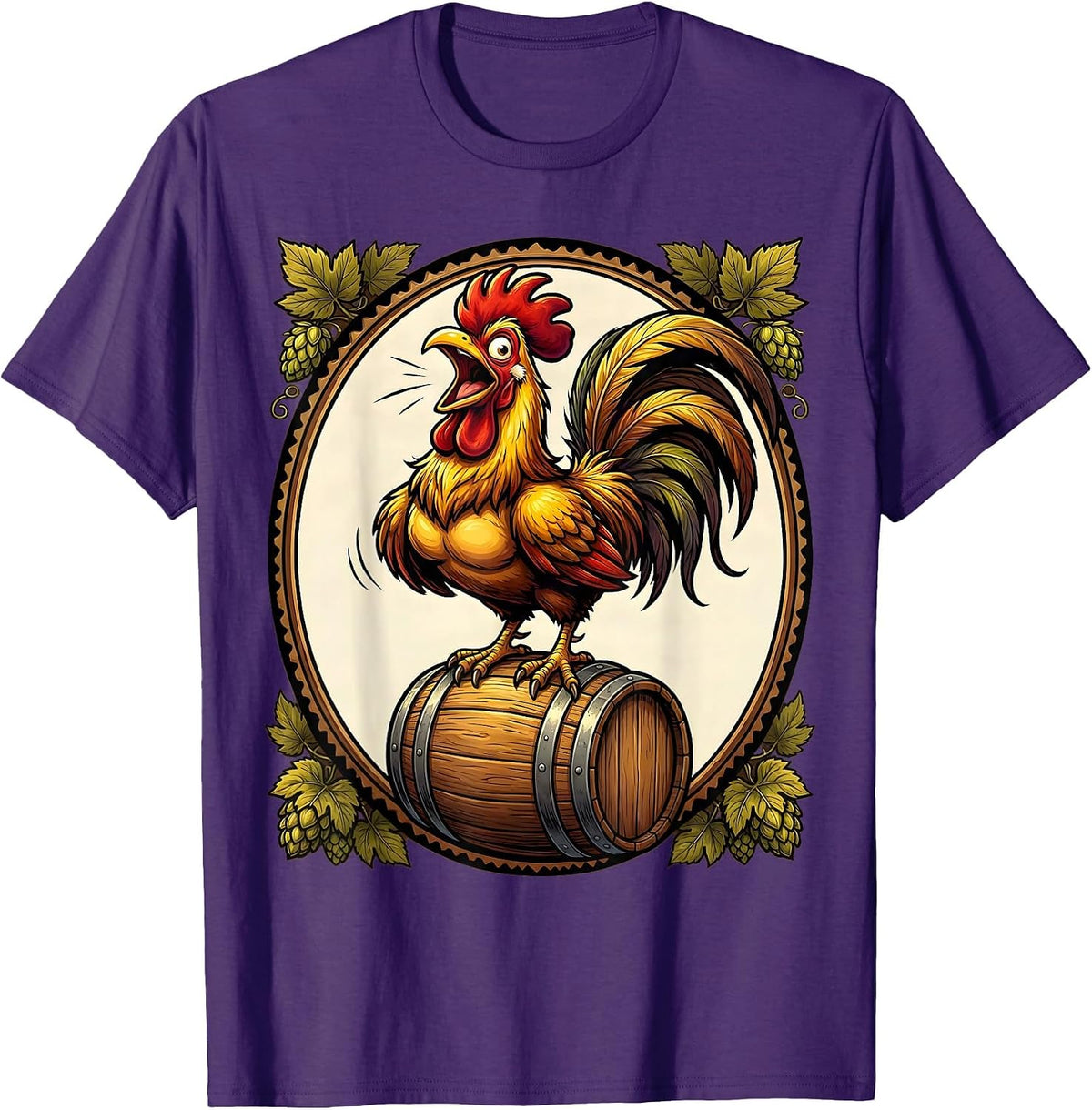 Men's Rooster on a Beer Keg Graphic Design T-Shirt - Purple