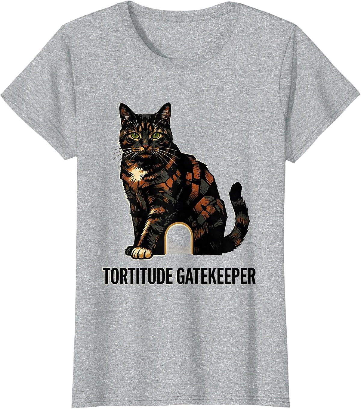 Tortitude Gatekeeper Linocut Tortoiseshell Cat Owner Humor T-Shirt - Heather Grey