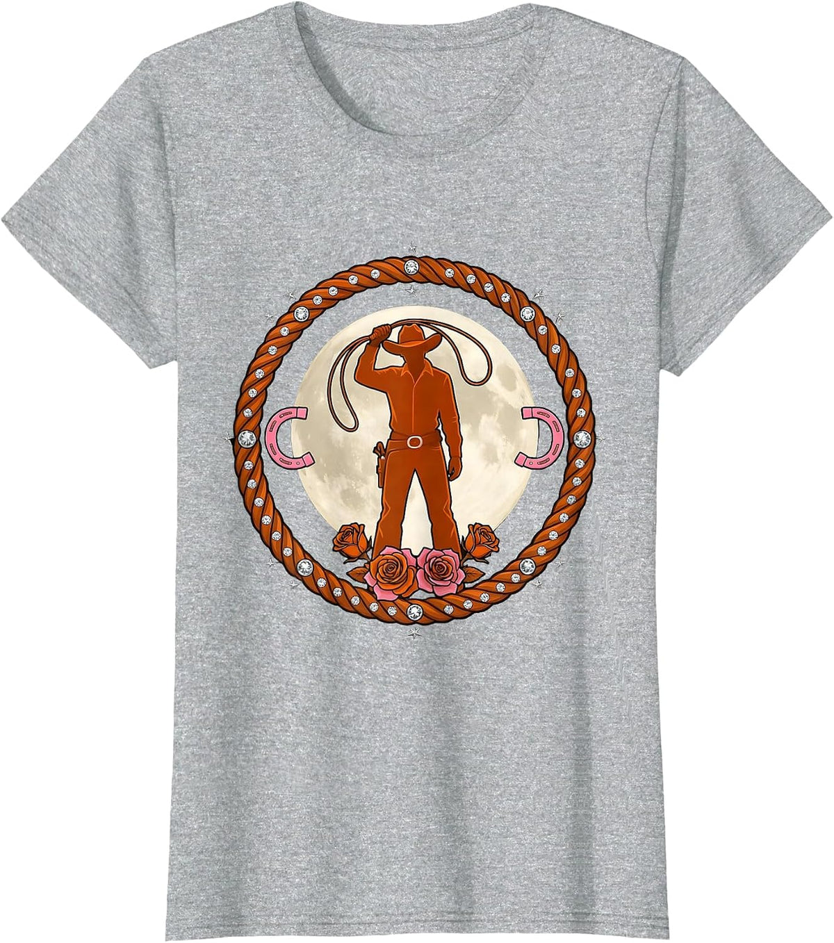 Cowgirl Silhouette Harvest Moon Western Graphic T-Shirt - Heather Grey
