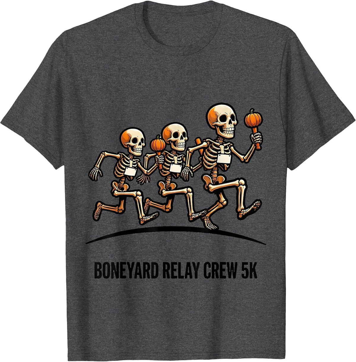 Boneyard Relay Crew 5K Funny Skeleton Runner Halloween 5K T-Shirt - Dark Heather Grey