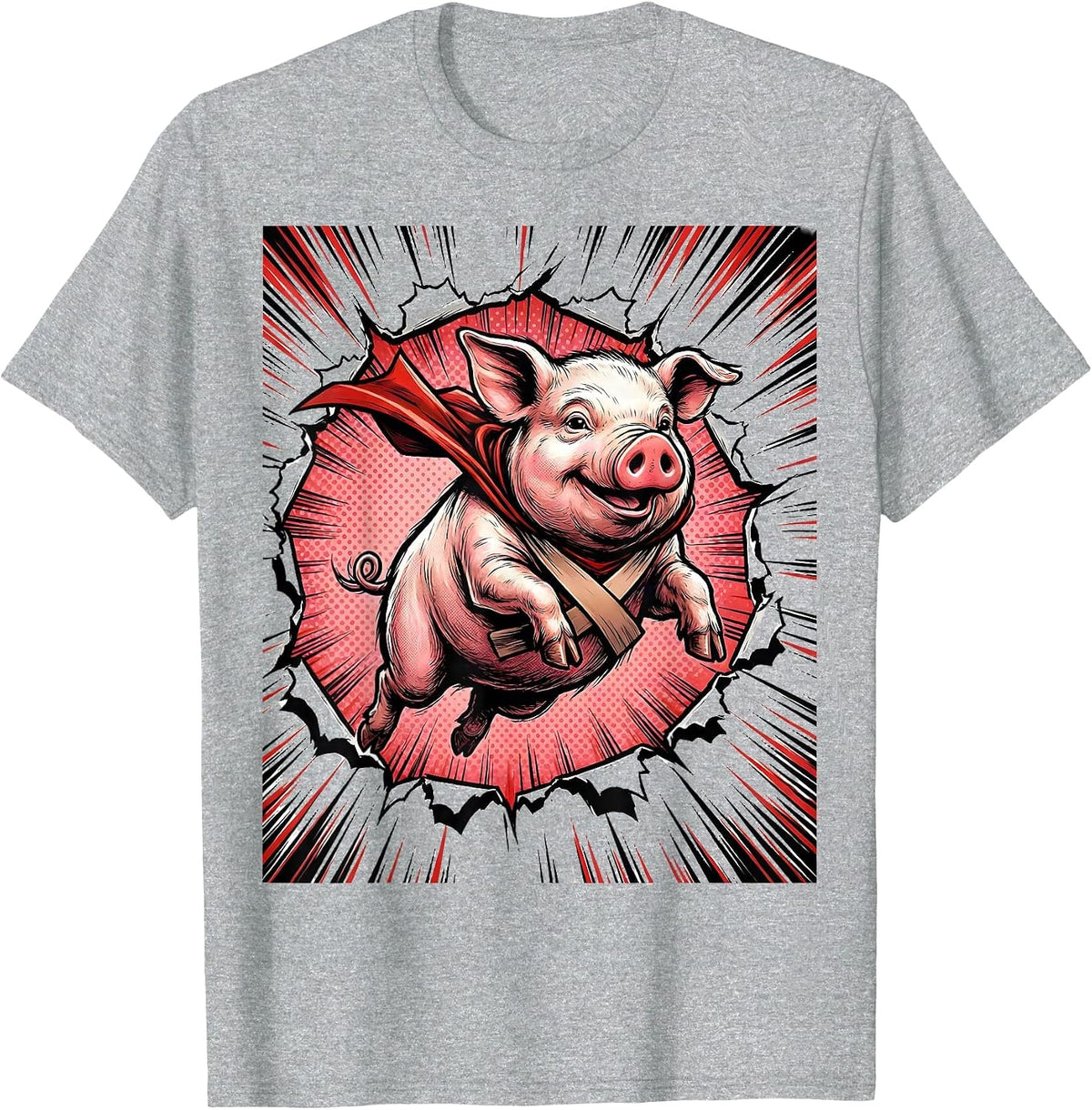 Men's Cheerful Pig Comic Book Animal Lover Novelty Humor T-Shirt - Heather Grey