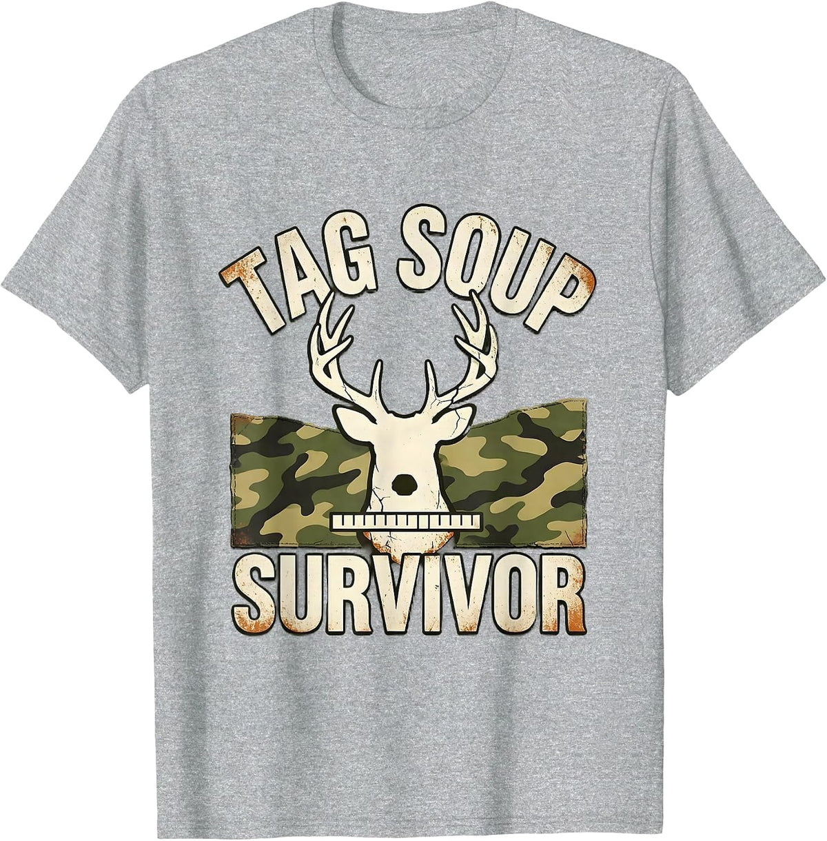 Men's TAG SOUP SURVIVOR Distressed Deer Hunting Camo Hunter Gift T-Shirt - Heather Grey