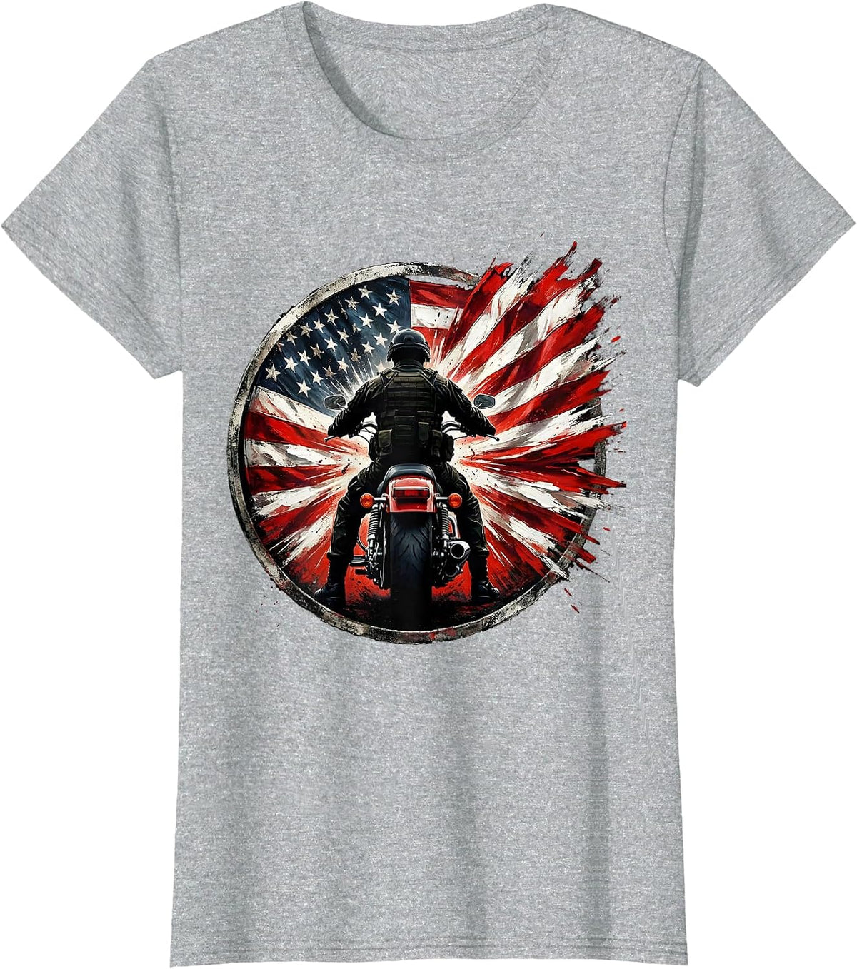 American Flag Motorcycle Rider Patriotic Graphic T-Shirt - Heather Grey