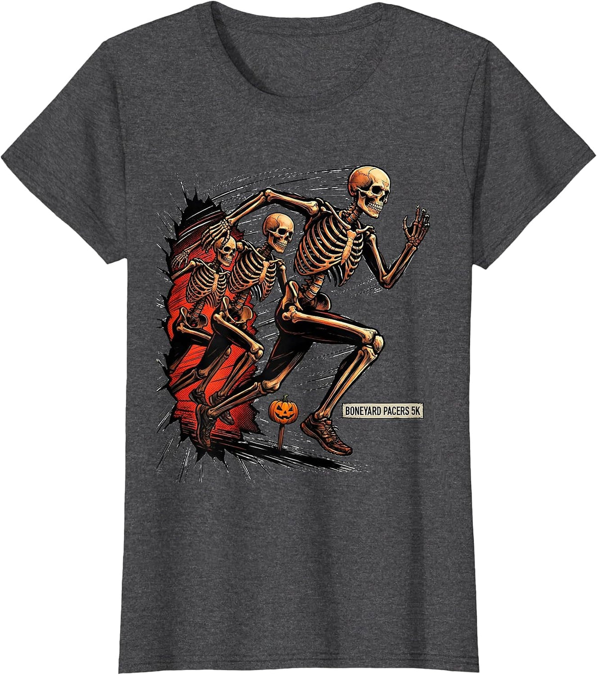 Women's Boneyard Pacers 5K Comic Book Skeleton Runner Halloween Fun T-Shirt - Dark Heather Grey