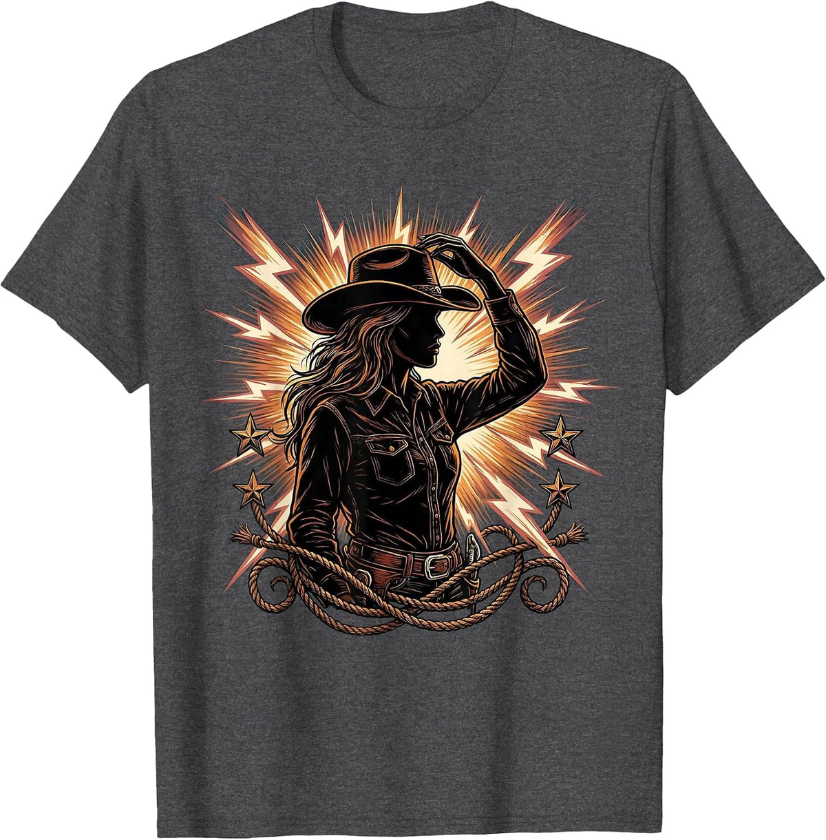 Men's Cowgirl Tipping Hat Lightning Bolt Illustration T-Shirt - Dark Heather Grey