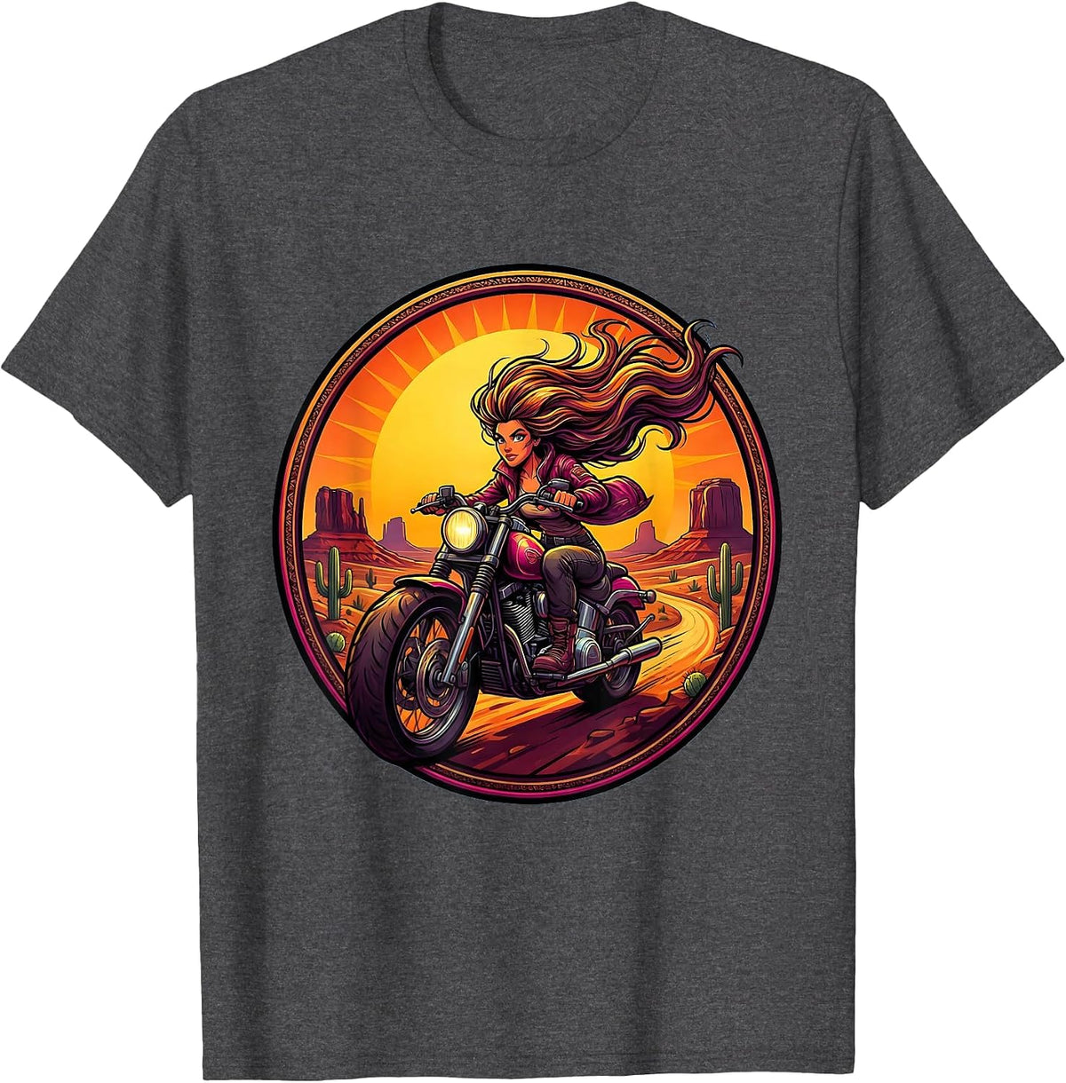 Men's Desert Sunset Motorcycle Rider Graphic Tee T-Shirt - Dark Heather Grey