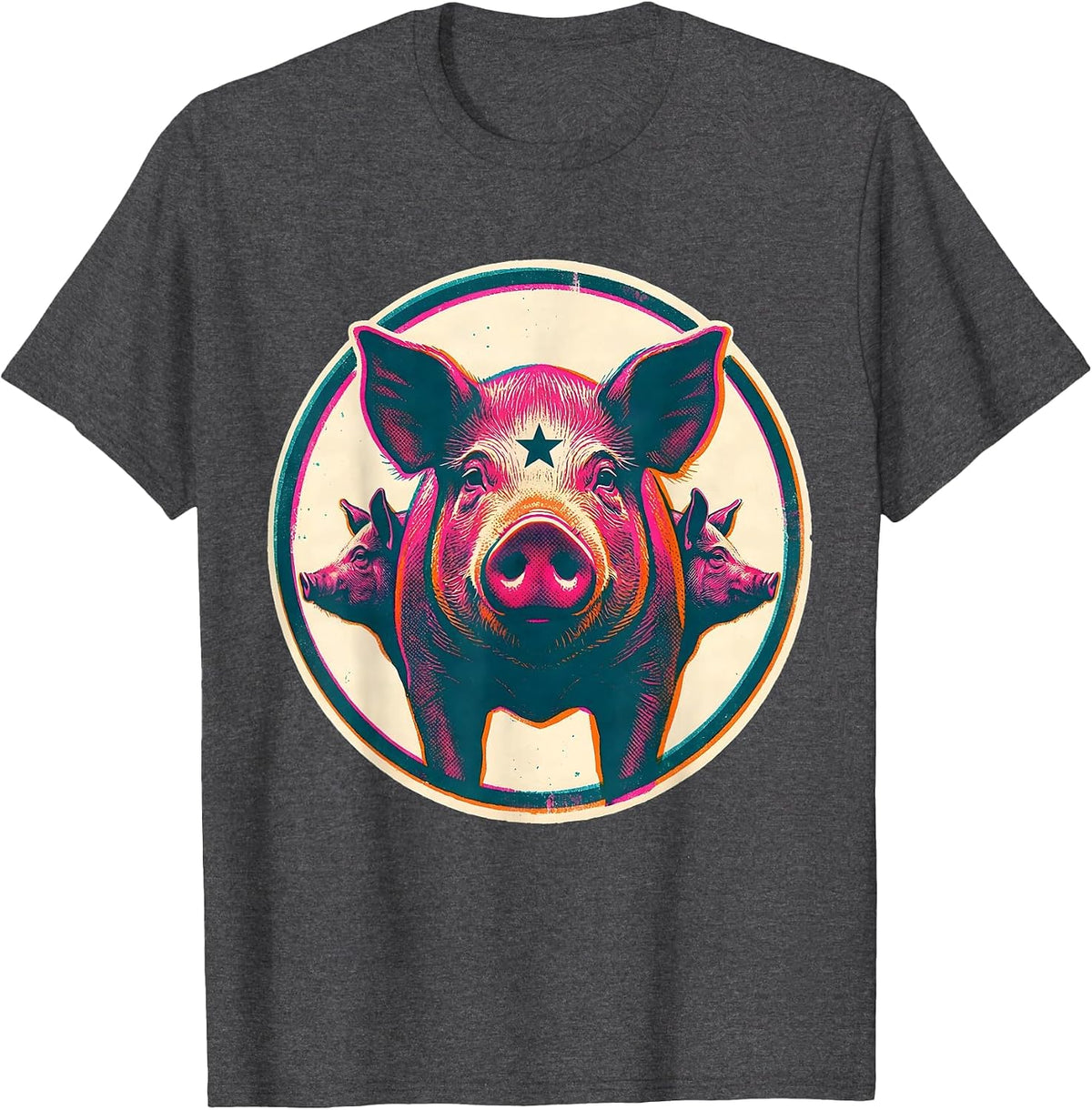 Men's Pig Badge Farm Animal Lover Humor Risograph T-Shirt - Dark Heather Grey