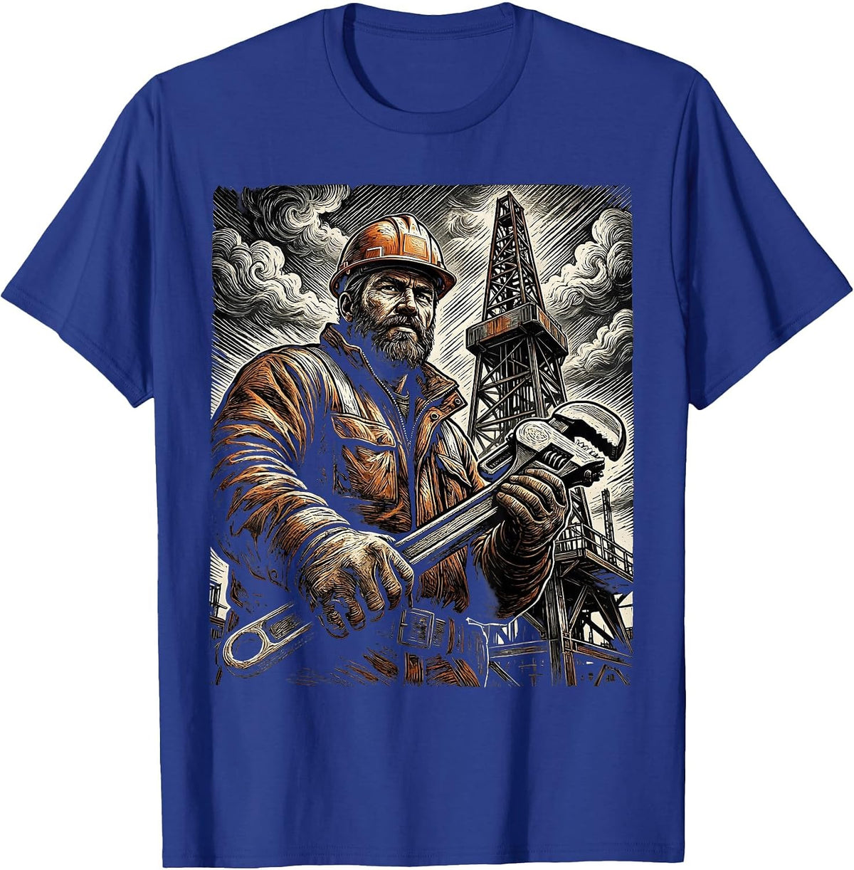 Oil Rig Worker Stormy Sky Illustration T-Shirt - Royal Blue