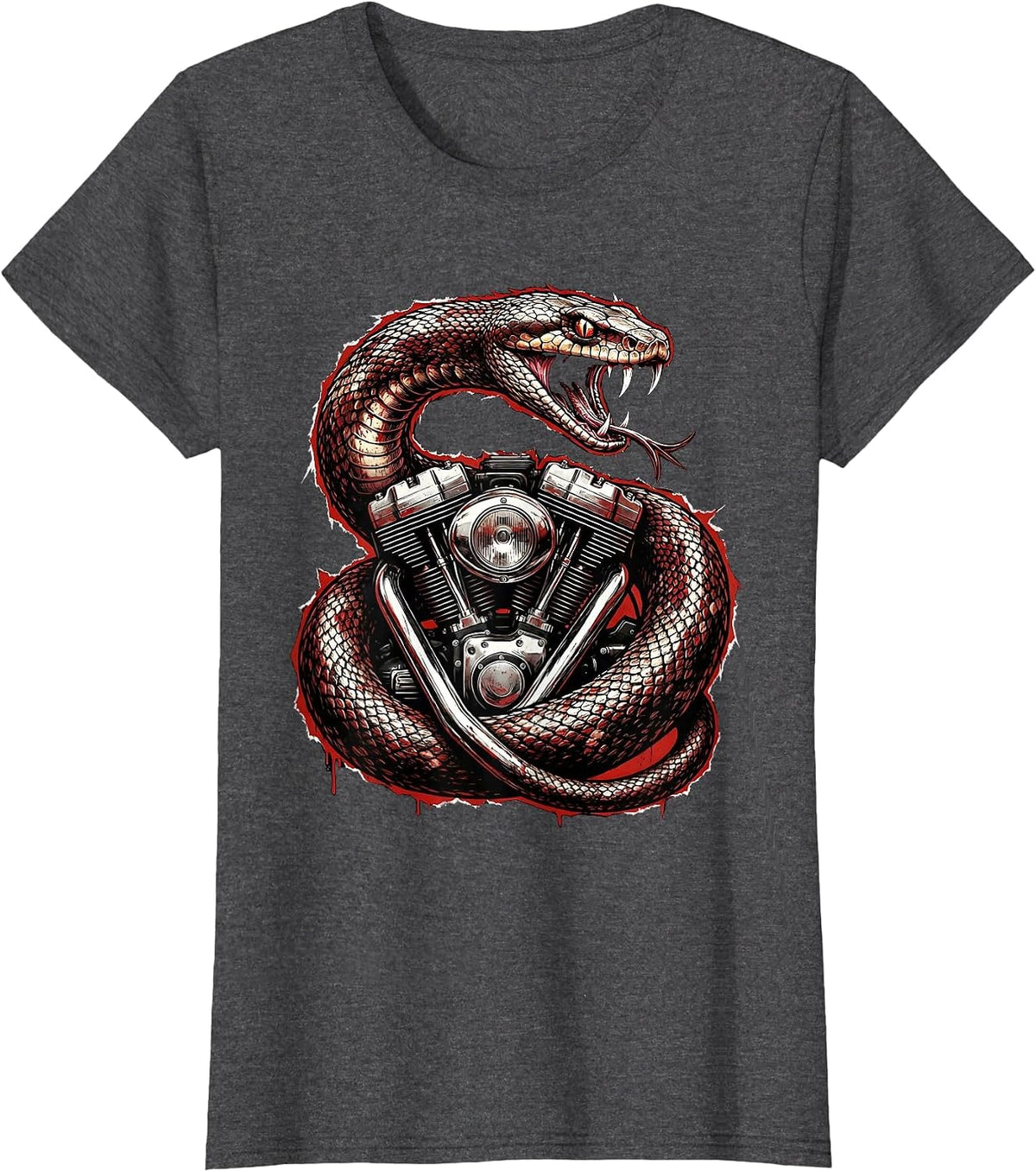 Women's Snake Coiled Vintage Motorcycle Engine Biker Art T-Shirt - Dark Heather Grey