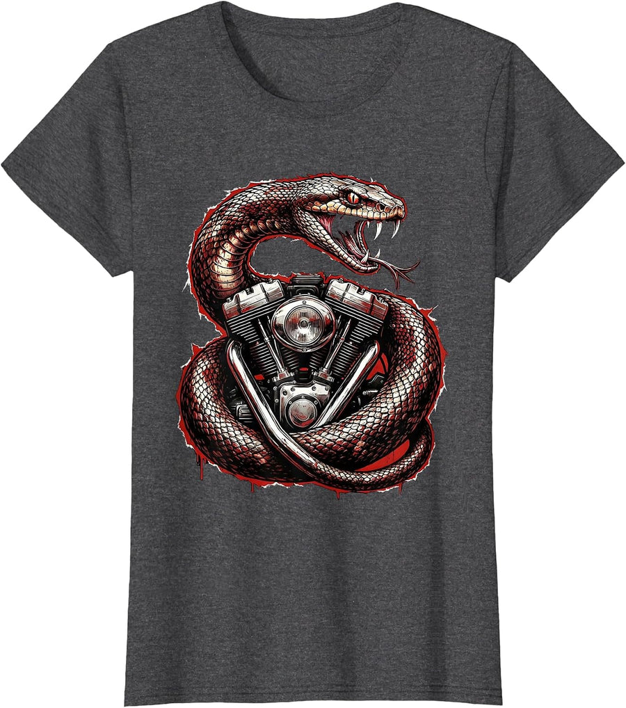 Women's Snake Coiled Vintage Motorcycle Engine Biker Art T-Shirt - Dark Heather Grey