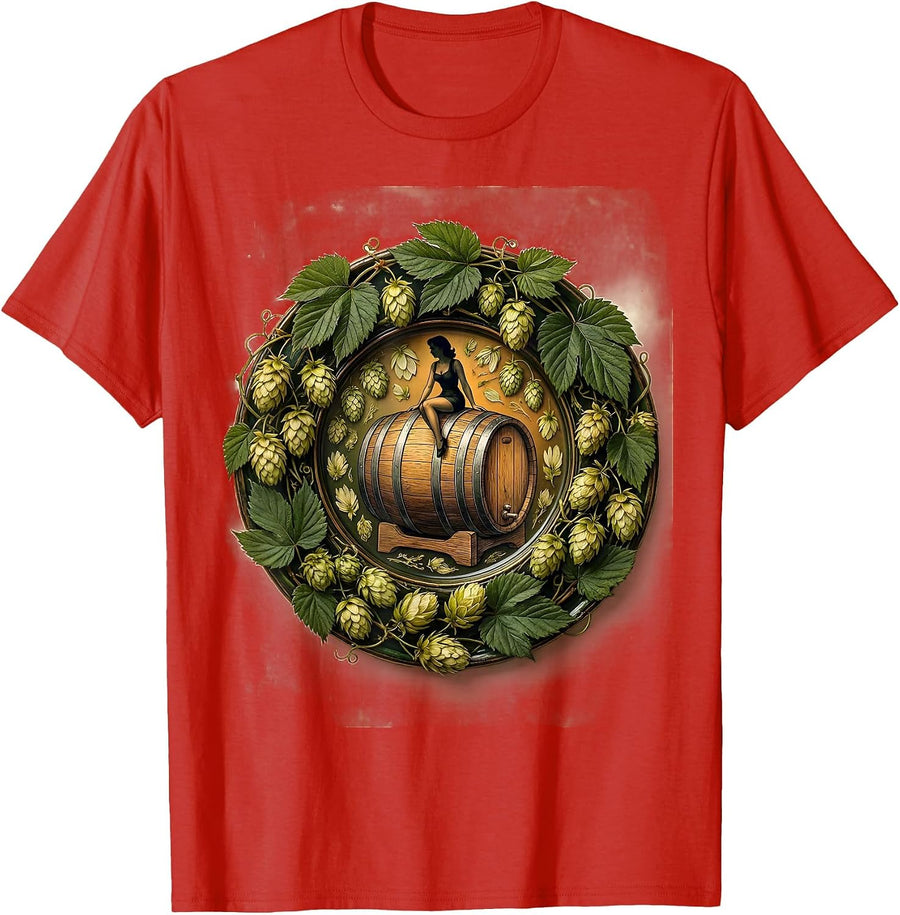 Men's Pin-Up Girl Riding Giant Beer Barrel Graphic T-Shirt - Red