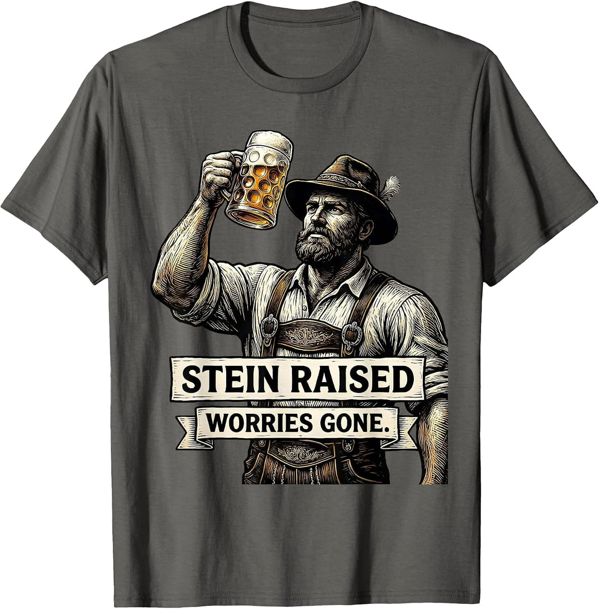 Stein Raised Worries Gone Oktoberfest Design T-Shirt - Asphalt Grey