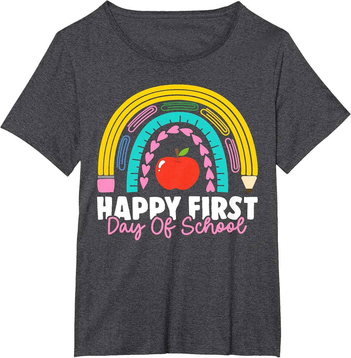 Happy First Day of School Teacher Back to School Rainbow T-Shirt - Dark Heather Grey