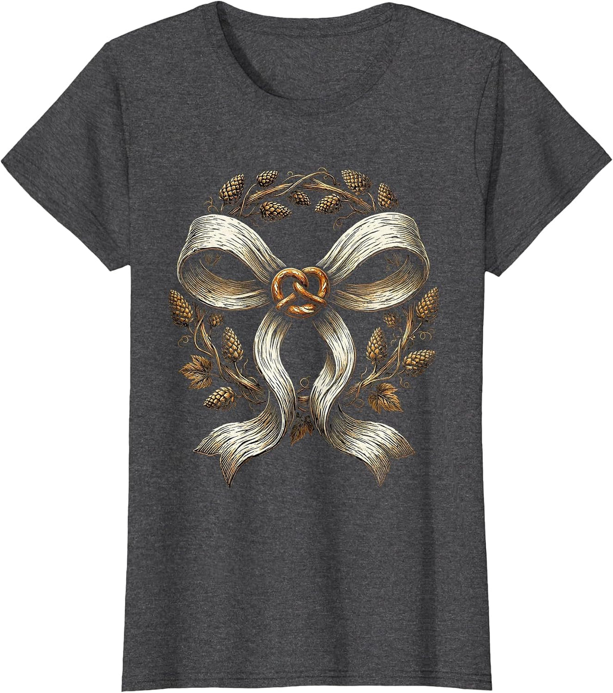 Women's Dirndl Apron Bow Pretzel and Hops Graphic T-Shirt - Dark Heather Grey