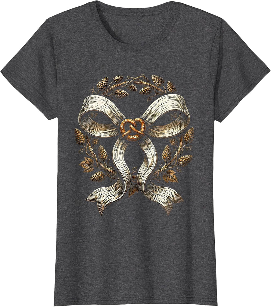 Women's Dirndl Apron Bow Pretzel and Hops Graphic T-Shirt - Dark Heather Grey