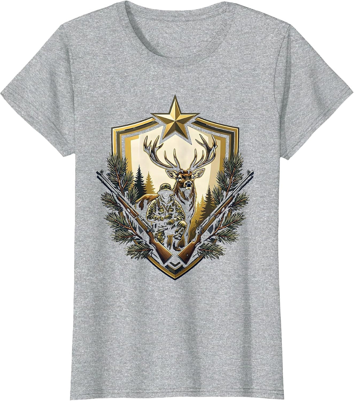 Women's Hunter Crouching With Trophy Buck Deer Graphic T-Shirt - Heather Grey