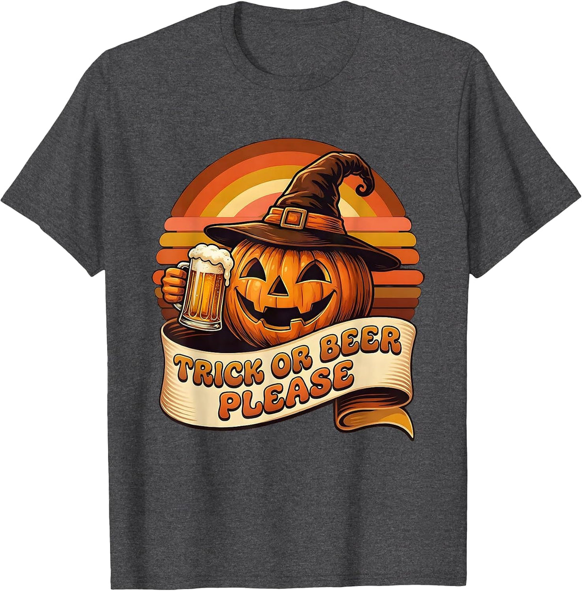 Men's Trick or Beer Please Halloween Funny Design T-Shirt - Dark Heather Grey