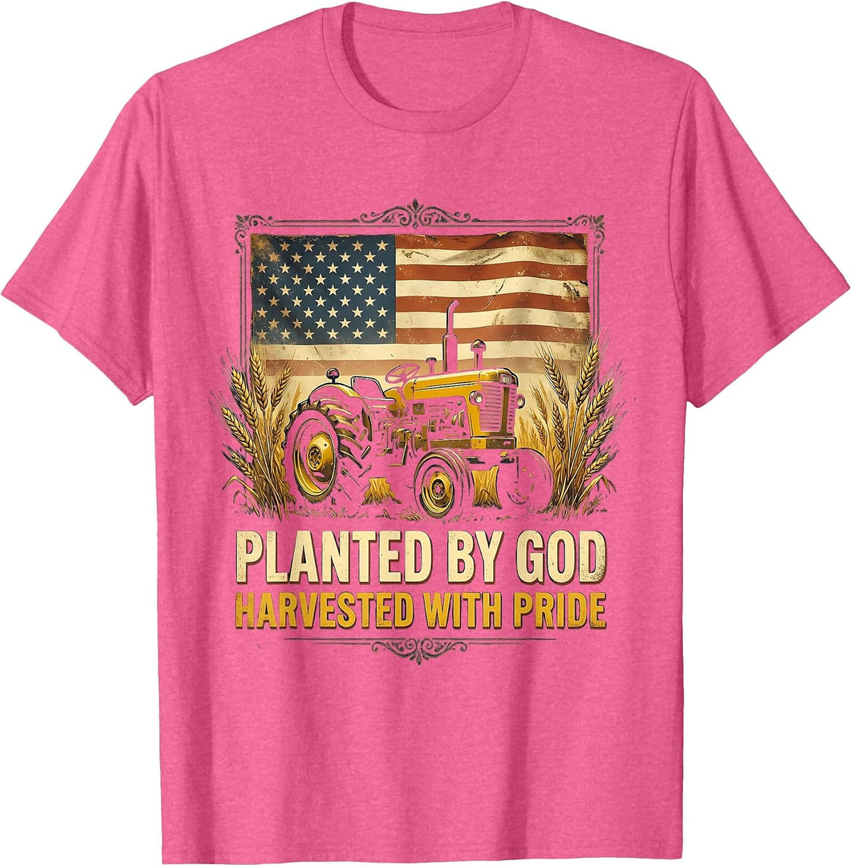 Planted By God, Harvested With Pride Vintage Tractor Design T-Shirt - Pink Heather