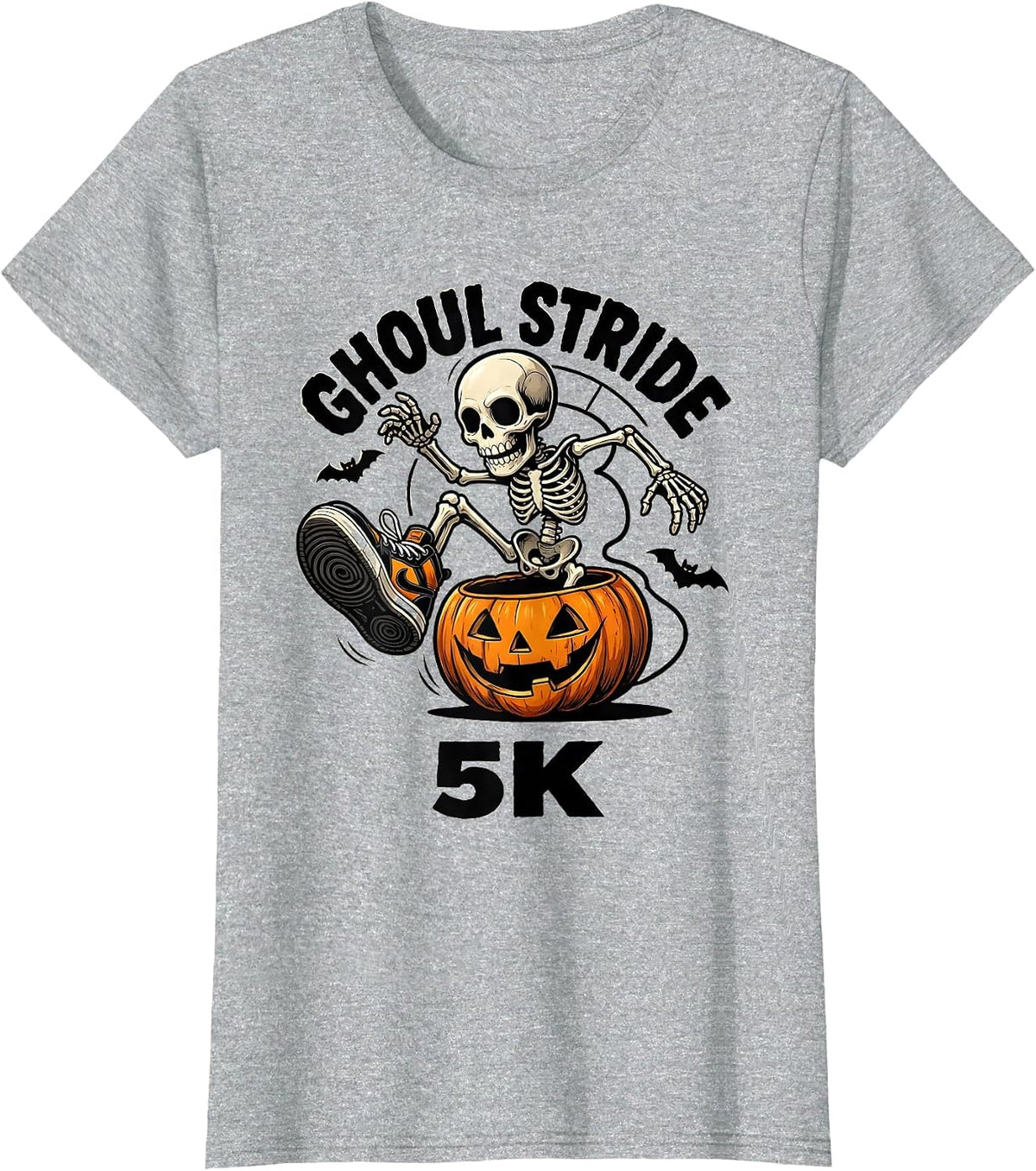 Ghoul Stride 5K Cartoon Skeleton Runner Halloween Fun Run T-Shirt - Heather Grey