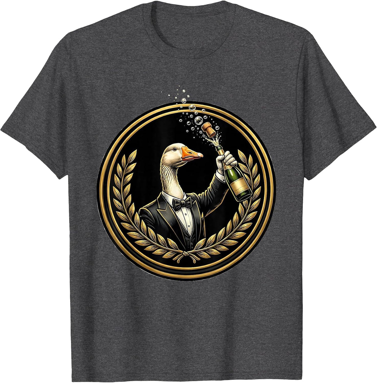 Silly Goose Tuxedo Champagne Celebration T-Shirt - Dark Heather Grey