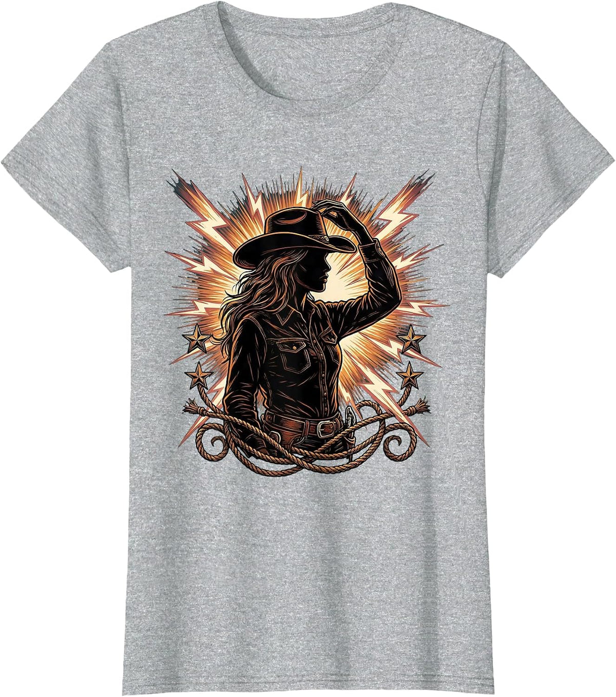 Women's Cowgirl Tipping Hat Lightning Bolt Illustration T-Shirt - Heather Grey