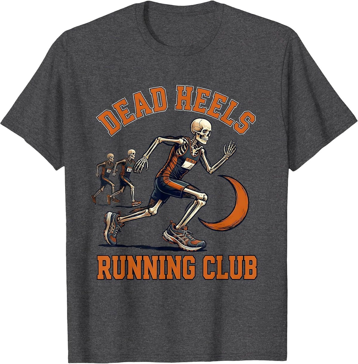 Men's Dead Heels Running Club Funny Skeleton Halloween Runner T-Shirt - Dark Heather Grey