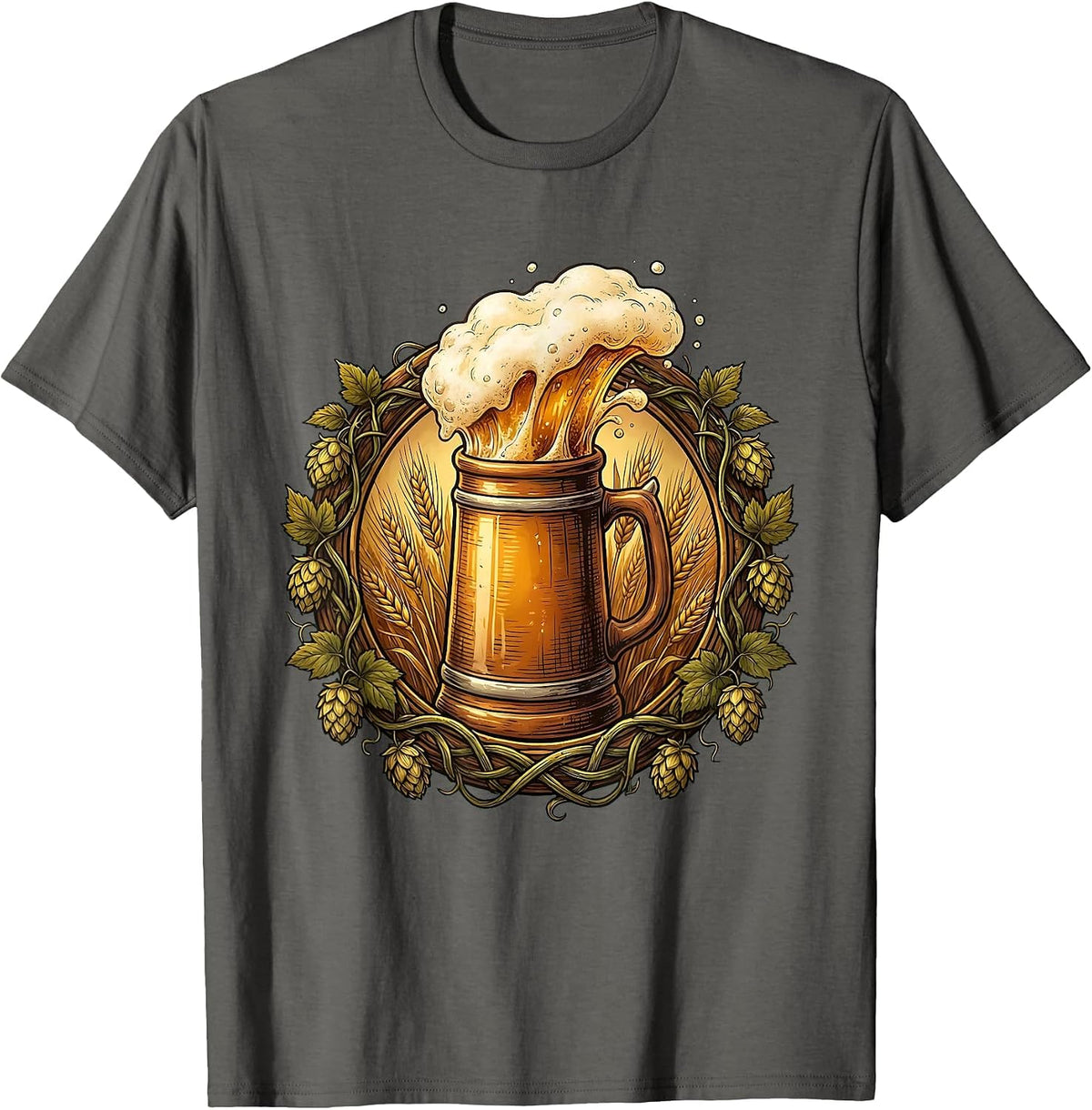 Men's Oktoberfest Beer Stein Overflowing Hops Graphic T-Shirt - Asphalt Grey