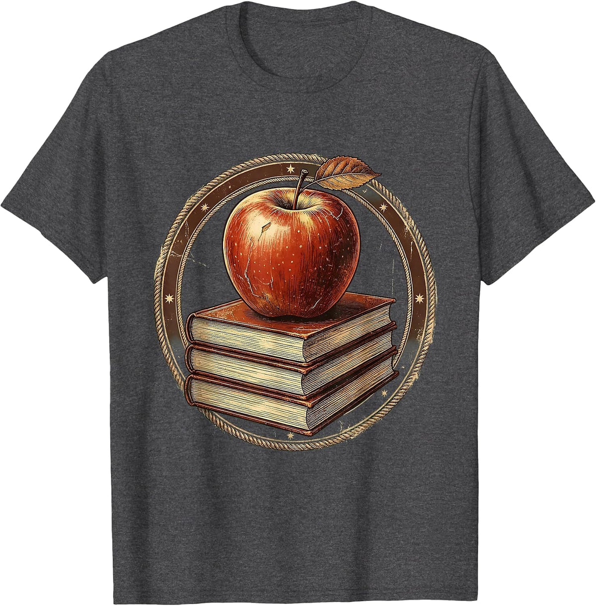 Middle School Teacher Apple and Books Illustration T-Shirt - Dark Heather Grey