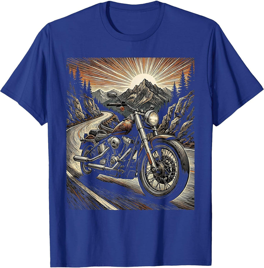 Vintage Motorcycle Winding Mountain Road Graphic T-Shirt - Royal Blue