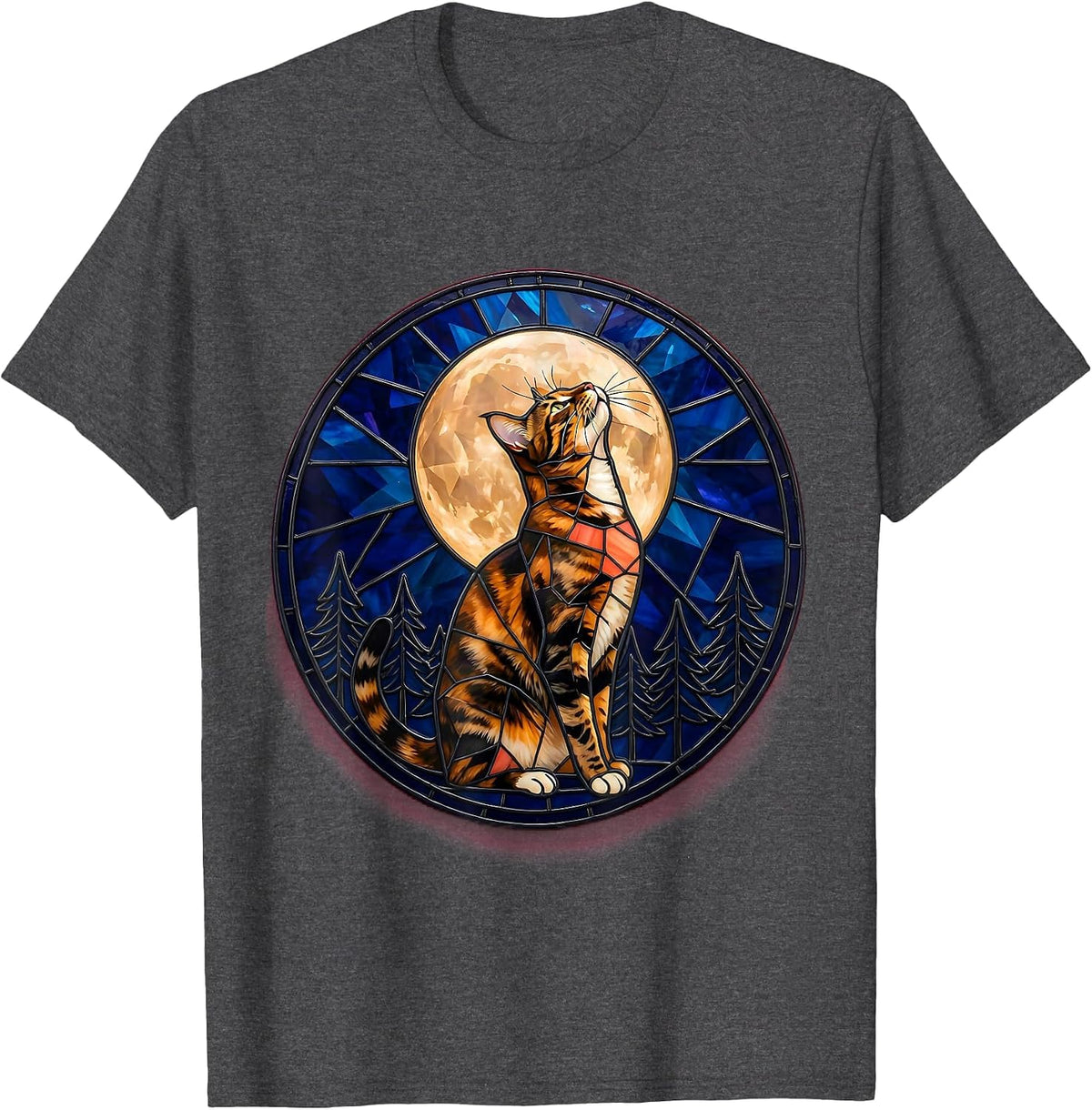 Tortoiseshell Cat Howling at Moon Stained Glass Mosaic 90s T-Shirt - Dark Heather Grey