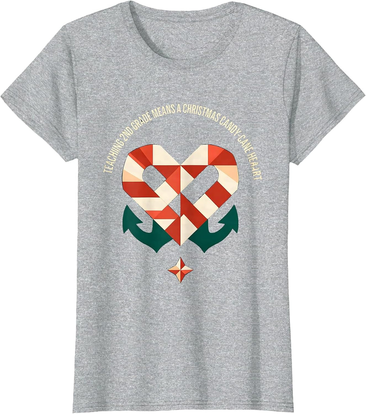 Women's Teaching 2nd Grade Means A Christmas Candy-Cane Heart T-Shirt - Heather Grey