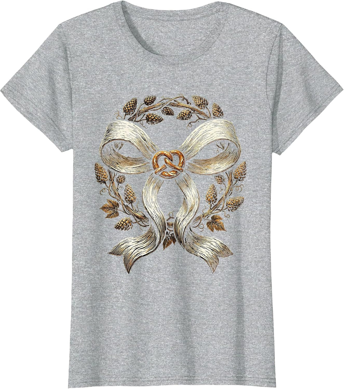 Women's Dirndl Apron Bow Pretzel and Hops Graphic T-Shirt - Heather Grey